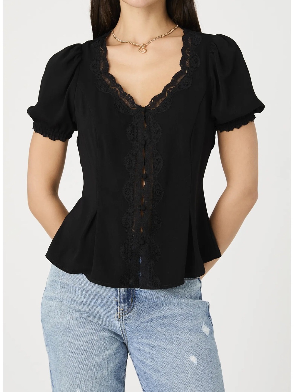 French Connection Black Lace-Trim Puff Sleeve Blouse